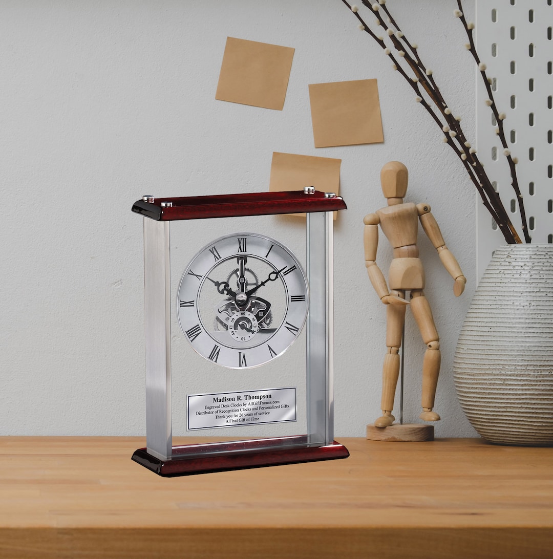Glass Engrave Desk Clock Silver Davinci Wood Top Table Engineering