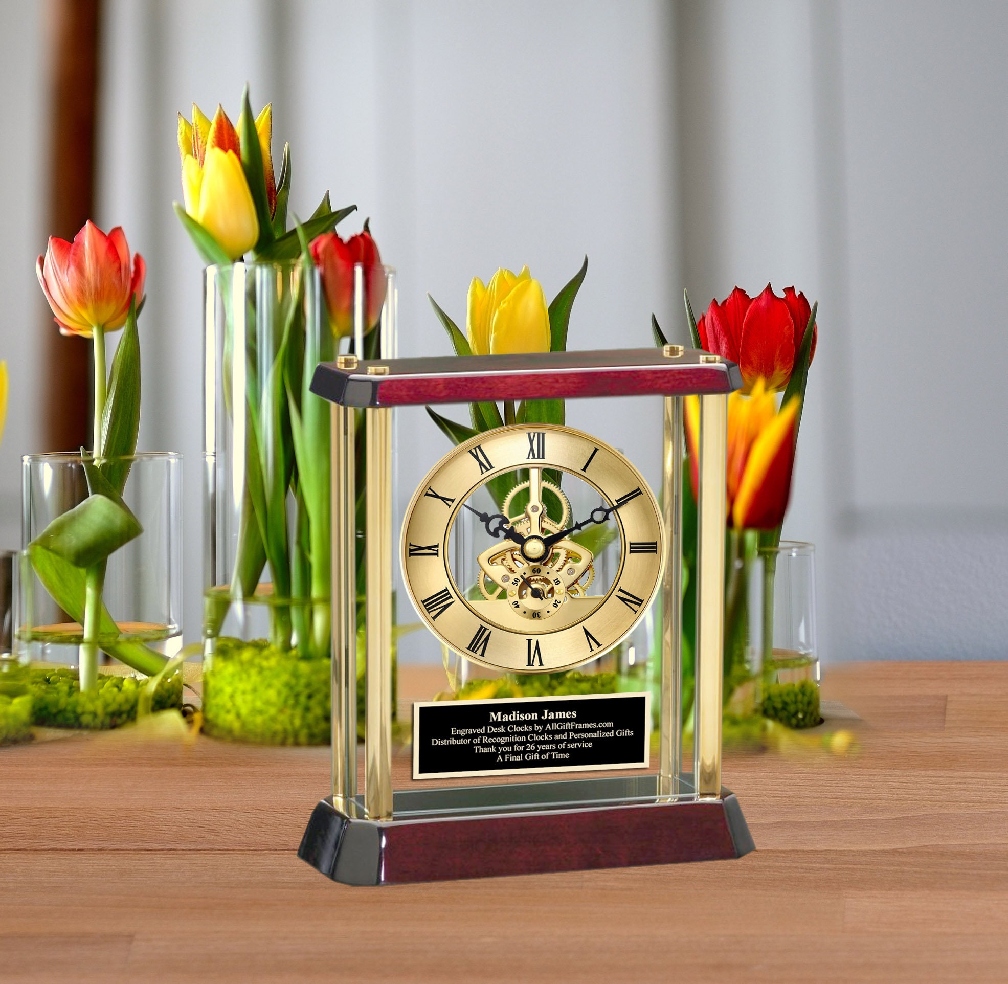 Gold Tower Glass Desk Clock Engineering Davinci Moving Gear Personalized Clocks Gift Romantic Love Wife Husband Anniversary Wedding Retire