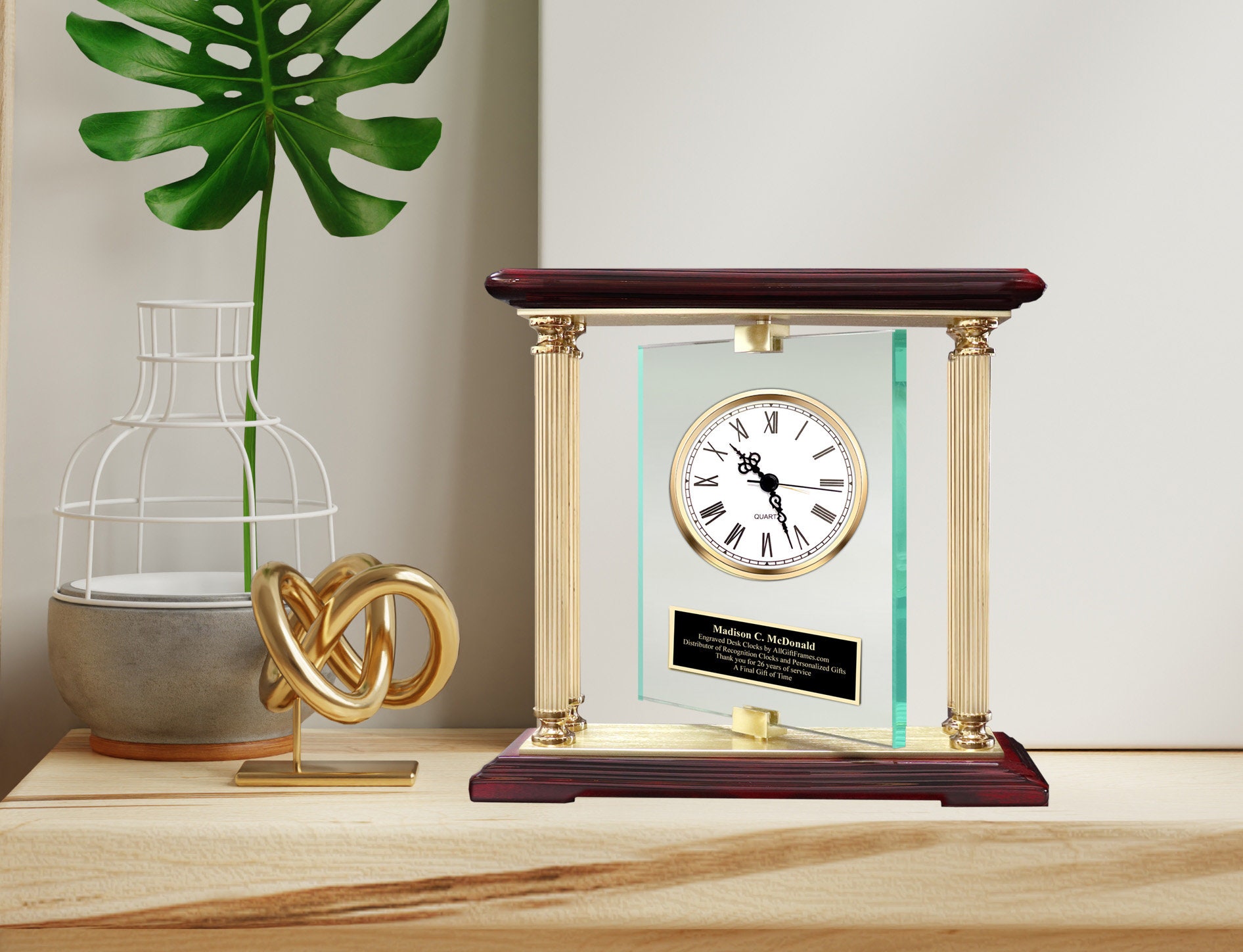AllGiftFrames Wood Mantel Arch Desk Clock Gold Davinci Dial Gear Engraved Executive Retirement Gift Service Award Recognition Corporate