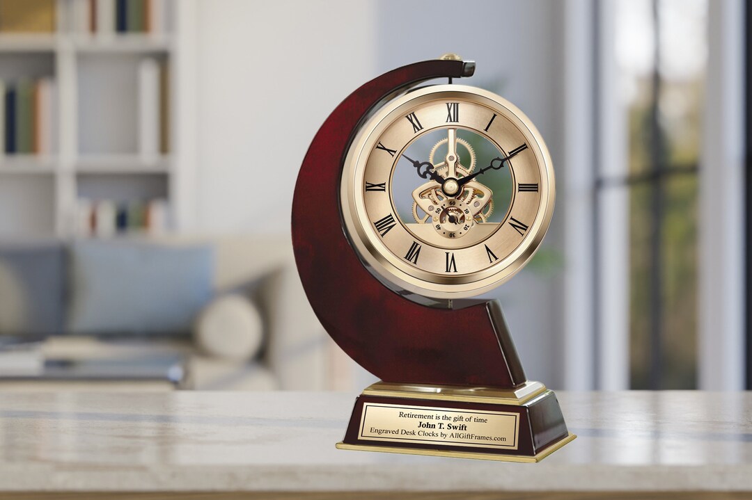 Personalize Clock Gold Mantel Gear Rotate 360 Degree Engrave Plaque