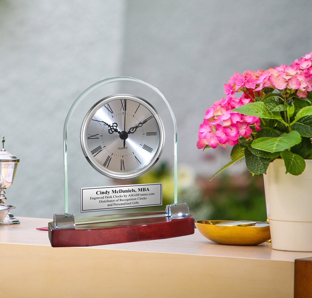 Personalized Desk Clock Round Arch Glass on Wood Base Metal Chrome Case ...