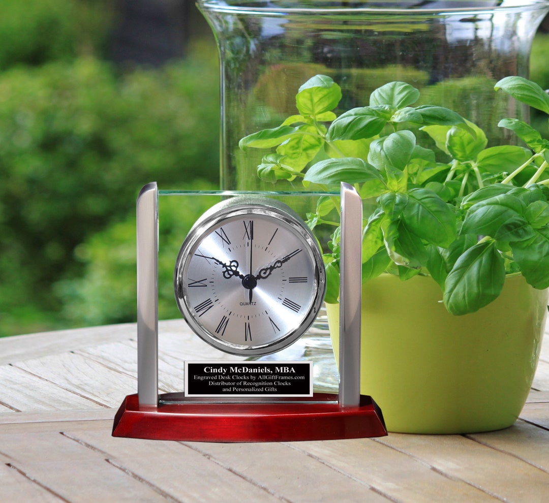 Personalized Clock Engraved Desk Clocks Etched Glass Silver Metal Wood