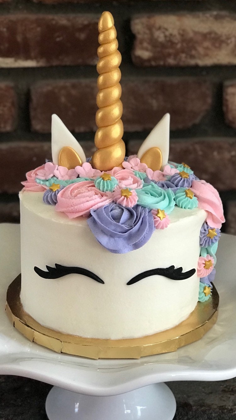 Fondant unicorn cake topper horn ears and lashes gold silver