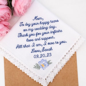 Embroidered Handkerchief: Mother of the Bride Gift, Personalized Lace Cotton