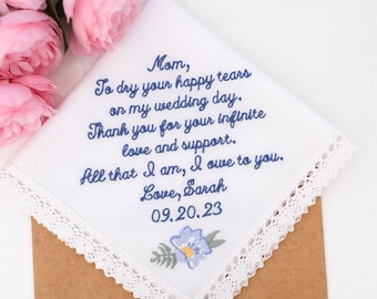 Embroidered Handkerchief: Mother of the Bride Gift, Personalized Lace Cotton
