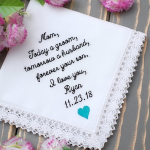 Mother of the Groom Gift from Son. Embroidered Personalized handkerchief. Wedding handkerchief. Custom Gift from Groom to Mother hankerhief