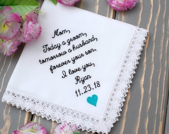 Embroidered Handkerchief: Mother of the Groom Gift, Wedding Day Keepsake