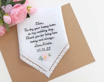 Stepmother gift from Bride Wedding Handkerchief Personalized gift, Stepmother of the bride gift, Embroidered message, Hankerchief gift hanky