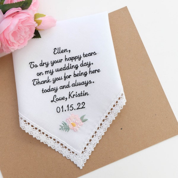 Stepmother gift from Bride Wedding Handkerchief Personalized gift, Stepmother of the bride gift, Embroidered message, Hankerchief gift hanky