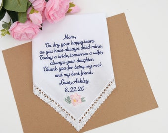Mother of the Bride gift. Wedding Handkerchief. Customized hankie. Embroidered Personalized Handkerchief Gift for Mom. Wedding Laced Hankie