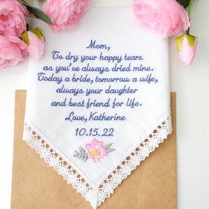 Mother of the Bride Gift, Wedding gift Handkerchief, Mom wedding gift from daughter, Embroidered handkerchief, Wedding hankie for Mom Gift