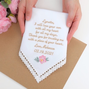 Mother of the groom gift mother in law Gift  Wedding handkerchief embroidered hankerchief Groom Mother gift from Bride Hanky mom gift Parent