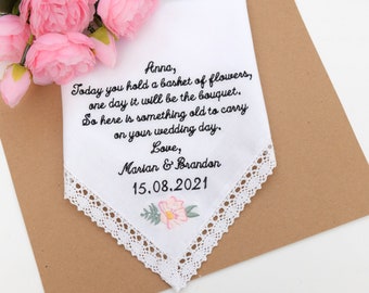 Embroidered Flower Girl Handkerchief, Wedding Gift, Lace Cotton