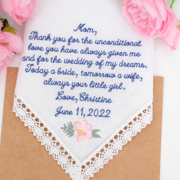 Wedding gift for Mother of the Bride from daughter, Wedding handkerchief, Embroidered message, Embroidered hanky, Personalized Gift for Mom