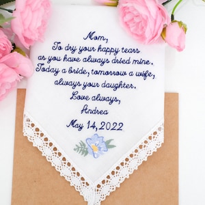 Mother of the Bride wedding handkerchief  Gift from Daughter Embroidered hankies Wedding gift Hankerchief from Bride Personalized Gifts