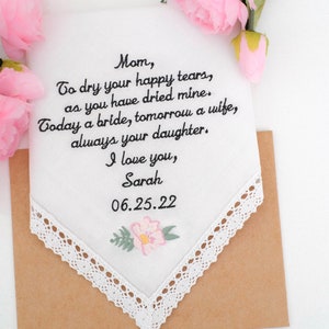 Mother of the Bride gift-Wedding handkerchief for Mom-Wedding gift to Mom from Bride-Personalized handkerchief-Embroidered hankie Gift hanky