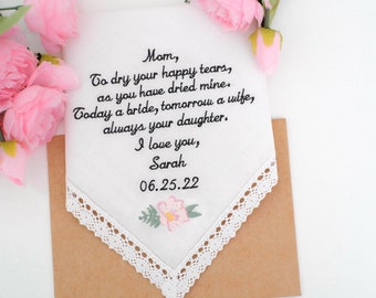 Mother of the Bride gift-Wedding handkerchief for Mom-Wedding gift to Mom from Bride-Personalized handkerchief-Embroidered hankie Gift hanky