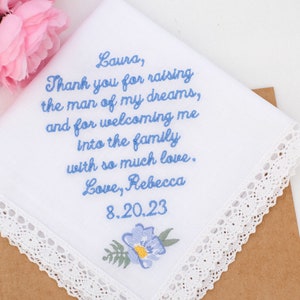Mother of the Groom Gift, Wedding Gift Handkerchief, Mother in Law gift from Bride, Wedding favors, Personalized Gift Mother hanky Gifts