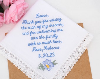 Embroidered Wedding Handkerchief, Mother of Groom Gift, Personalized Keepsake