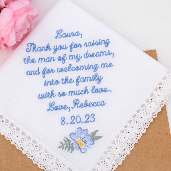 Embroidered Wedding Handkerchief, Mother of Groom Gift, Personalized Keepsake