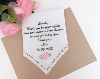 Stepmother gift from Bride Wedding Handkerchief Personalized gift, Stepmother of the bride gift, Embroidered message, Hankerchief gift hanky