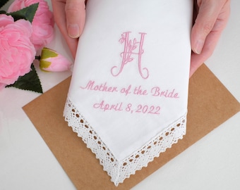 Monogram Mother of the Bride gift Mother of the Groom gift Gift from Bride to Mother Handkerchief Embroidered Wedding hankie Gift to mom