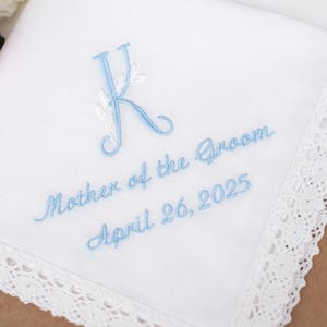 Embroidered Monogram initial Mother of the Groom gift / Mother of the Bride gift, Embroidered Hankie, Stepmother Wedding Day Handkerchiefs