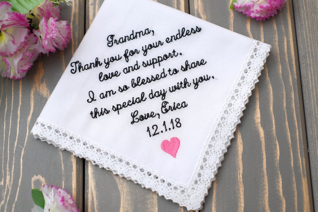 Grandmother's Gift for Grandma. Embroidered Handkerchief. Wedding