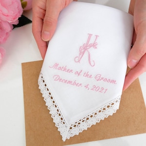 Monogram Mother of the Groom gift / Mother of the Bride gift. Gift from Bride to Mother Handkerchief. Embroidered Wedding hankie.Gift to mom