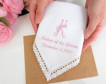 Monogram Mother of the Groom gift / Mother of the Bride gift. Gift from Bride to Mother Handkerchief. Embroidered Wedding hankie.Gift to mom