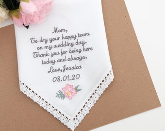 Personalized Mother of Bride Handkerchief, Embroidered Wedding Gift