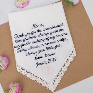Mother of the Bride gift. Personalized Handkerchief. Embroidered handkerchief for Mom. From Bride to Mother gift hankie. Custom Hankerchief