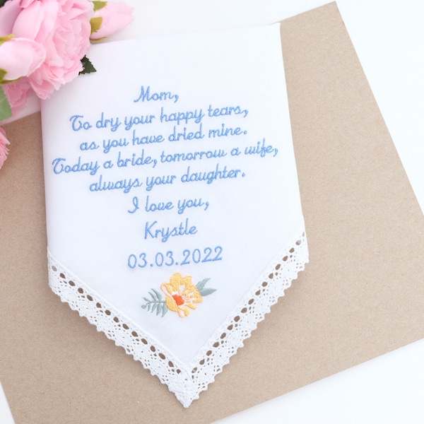 Embroidered Wedding Handkerchief, Mother of the Bride Gift, Personalized hanky