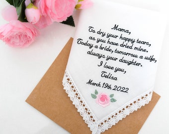 Embroidered Wedding Handkerchief, Mother of the Bride Gift, Personalized Hanky