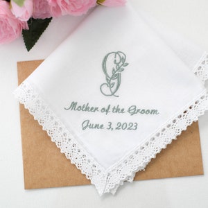 Embroidered Monogram initial Mother of the Groom gift / Mother of the Bride gift, Embroidered Hankie, Stepmother Wedding Day Handkerchiefs