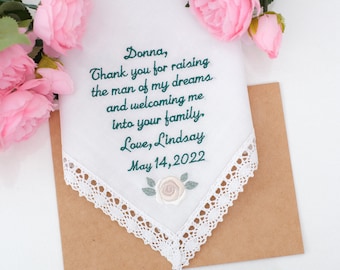 Mother of the groom handkerchief-Mother in law Gift, Wedding handkerchief, embroidered hankerchief Groom-Keepsake for Mother of groom hankie