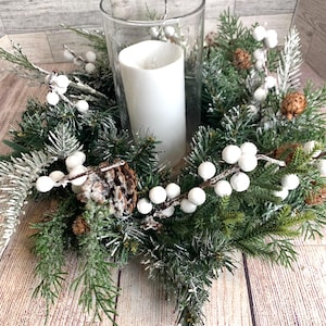 Christmas Candle centerpiece, Christmas table decor, snow flocked greenery decor, winter centerpiece, Christmas Gift, Farmhouse Centerpiece