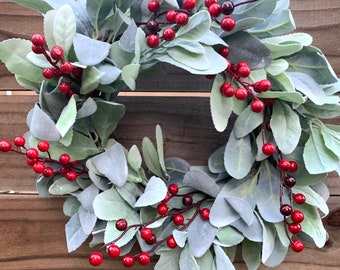 Lambs Ear Christmas Wreath: Red Berry Farmhouse Decor