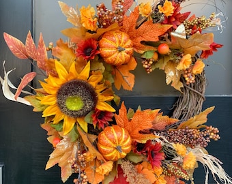 Fall wreath for front door, fall wreath, Pumpkin wreath, Sunflower  wreath, thanksgiving wreath, Thanksgiving fall decor