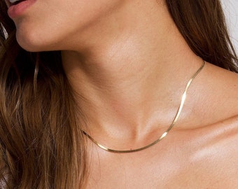 Herringbone Necklace, Gold Chain, Gold Snake Chain, Thick Chain Necklace, Thick Gold Choker, Flat Chain Necklace, Herringbone Chain