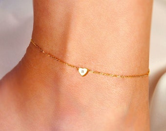 Heart Anklet, Personalized Heart Anklet, Tiny Heart Anklet, Letter Heart Anklet, Gift Anklet, Gift for Her, Heart Gift Anklet, Gold Anklet