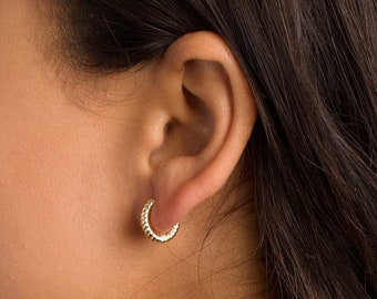 14k Gold Twist Hoop Small Huggies - Sterling Silver Interior