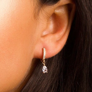 Teardrop Earrings, Teardrop bridal earrings, Wedding Jewelry for Brides, Pave Huggies Hoops, Diamond Dangle Earrings, Wedding Earrings