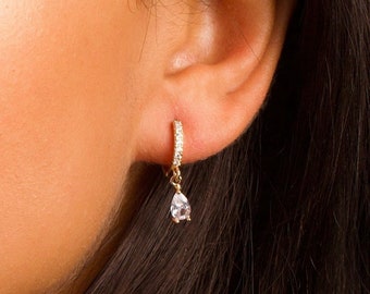 Teardrop Earrings, Teardrop bridal earrings, Wedding Jewelry for Brides, Pave Huggies Hoops, Diamond Dangle Earrings, Wedding Earrings