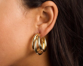 Large Triple Hoops, Gold Triple Earrings, Gold Hoops, Party Hoop Earrings, Elegant Hoops, Thick Triple Gold Hoop Earrings, Thick Hoops, Hoop