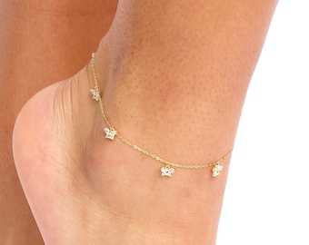 Dangling Tiny Butterfly Anklet, Diamond Butterfly Gold Anklet, Foot Bracelet with Hanging Butterfly Pendants, Butterfly Bracelet in Gold