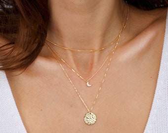 Delicate Layered Necklaces, Personalized Set, Coin Necklace, Gold Moon Necklace, Layered Diamond Necklace, Diamond Moon Necklace