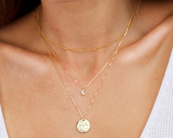 Gold Filled Layered Necklace, Dainty Moon Necklace, Celestial Layered Necklace, Moon Layered Necklace Set, Moon and Sun Necklaces