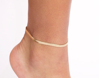 Gold Snake Anklet, Herringbone Anklet, Snake Anklet, Gold Filled Snake Bracelet, Thick Gold Anklet, Flat Chain Anklet, Herringbone Chain