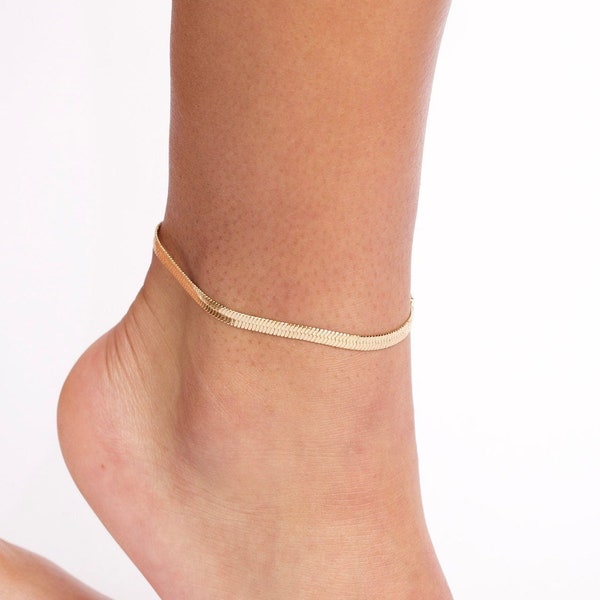 Gold Snake Anklet, Herringbone Anklet, Snake Anklet, Gold Filled Snake Bracelet, Thick Gold Anklet, Flat Chain Anklet, Herringbone Chain